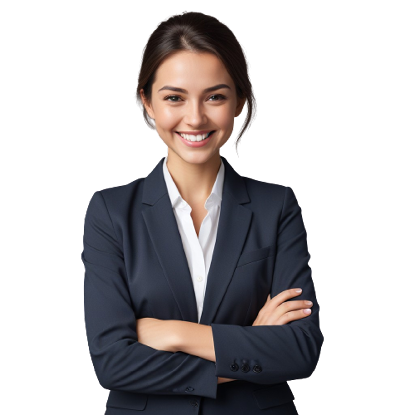 Smiling professional woman in a business suit with arms crossed