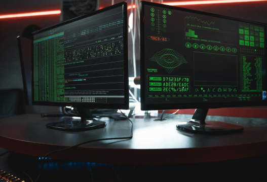 Dual computer monitors displaying cybersecurity data